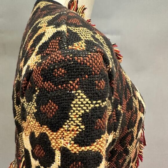 Vintage Cache Leopard Print Woven Fringe Bolero Blanket Jacket Size Small Cotton - Picture 14 of 16